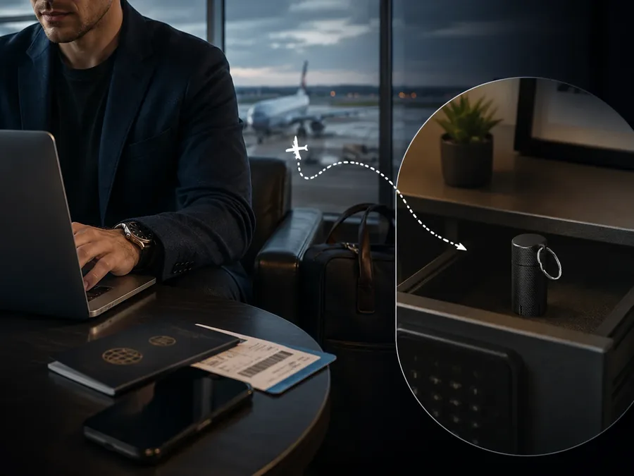 Backup security key stored separately from a traveling employee