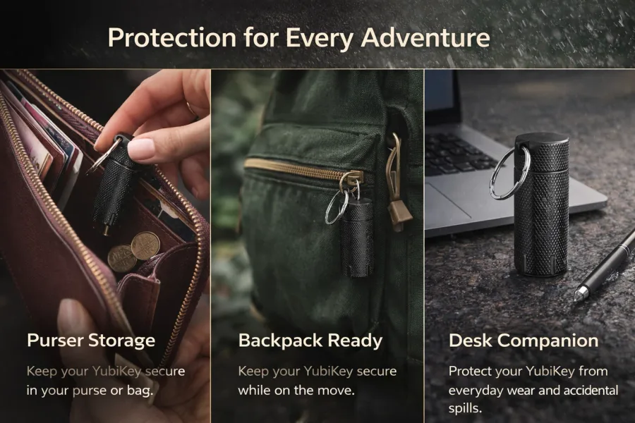 NOPKEY case used in purse, backpack, and desk situations